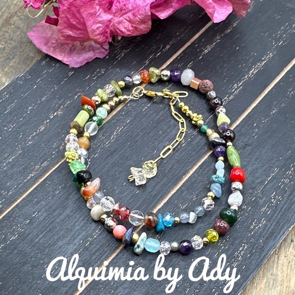 Rainbow multi stone beaded handmade gold adjustable short jeweled necklac - Picture 1 of 3